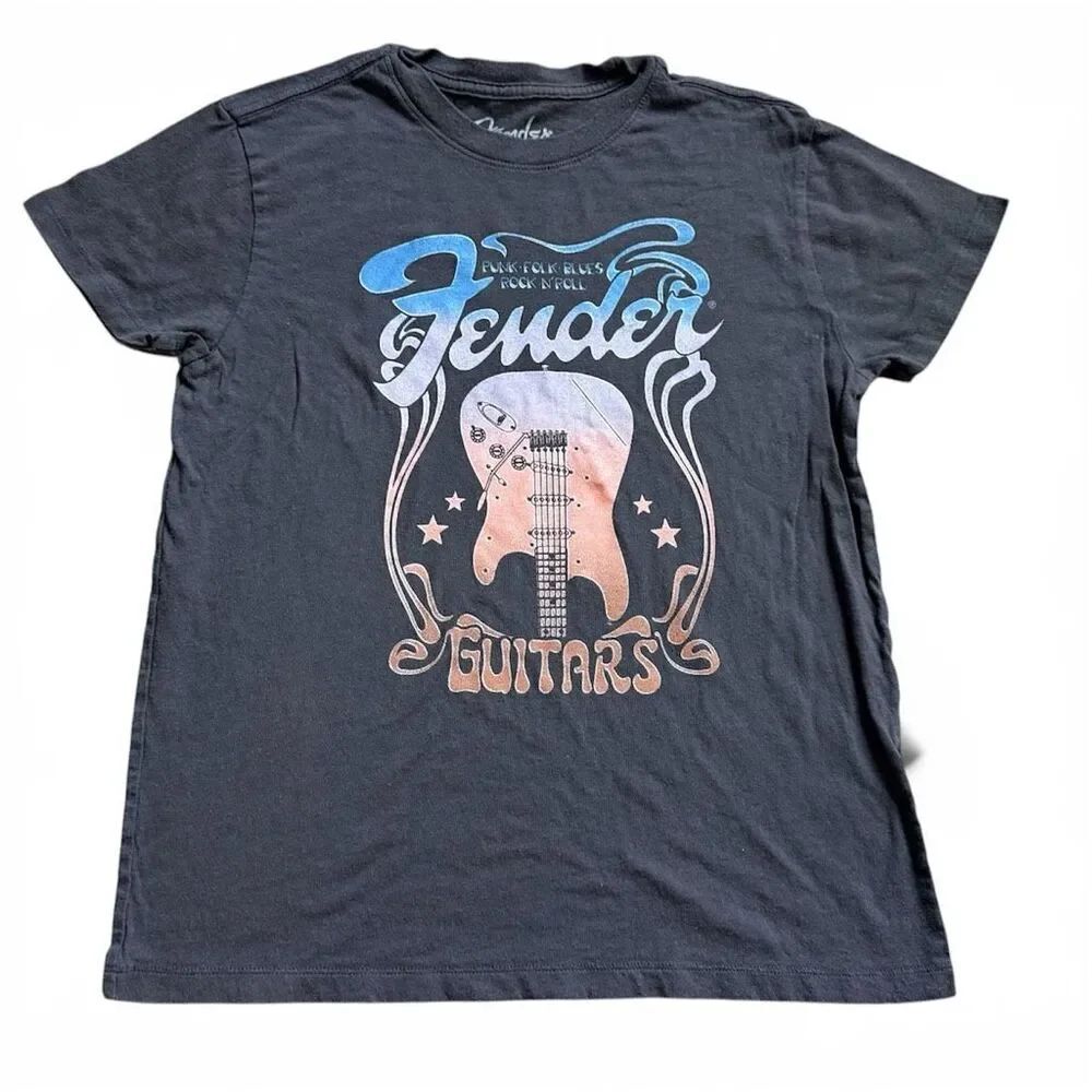 Womens Fender Guitars Punk Folk Blues Rock N Roll Poster Gray Tee Shirt - Sz S